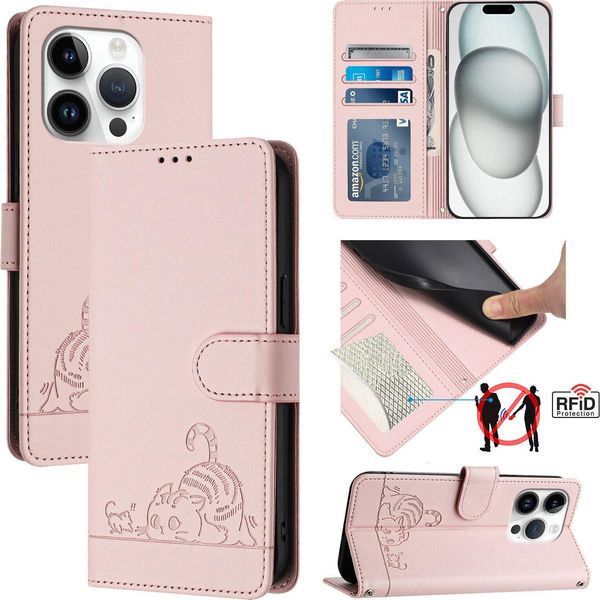Custodia In Pelle Per Iphone 14 Pro, Dolce Gatto Custodia Flip Con Funzione Stand E Portafoglio Rosa-image