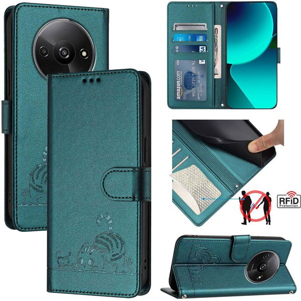 Custodia In Pelle Per Xiaomi Poco C61 /Redmi A3, Dolce Gatto Flip Case Con Funzione Stand E Portafoglio Verde-image