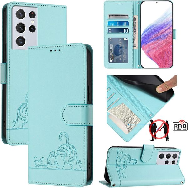 Custodia In Pelle Per Samsung Galaxy S21 Ultra 5G, Dolce Gatto Custodia Flip Con Funzione Stand E Portafoglio Verde Chiaro-image