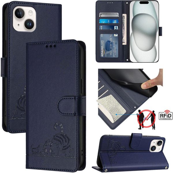 Custodia In Pelle Per Iphone 13 / Iphone 14, Dolce Gatto Custodia Flip Con Funzione Stand E Portafoglio Blu-image