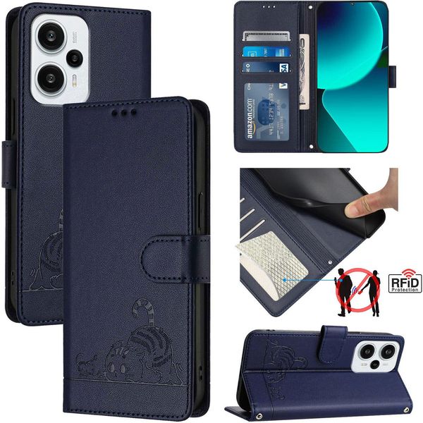 Custodia In Pelle Per Xiaomi Poco F5/Redmi Note 12 Turbo, Dolce Gatto Custodia Flip Con Funzione Stand E Portafoglio Blu-image
