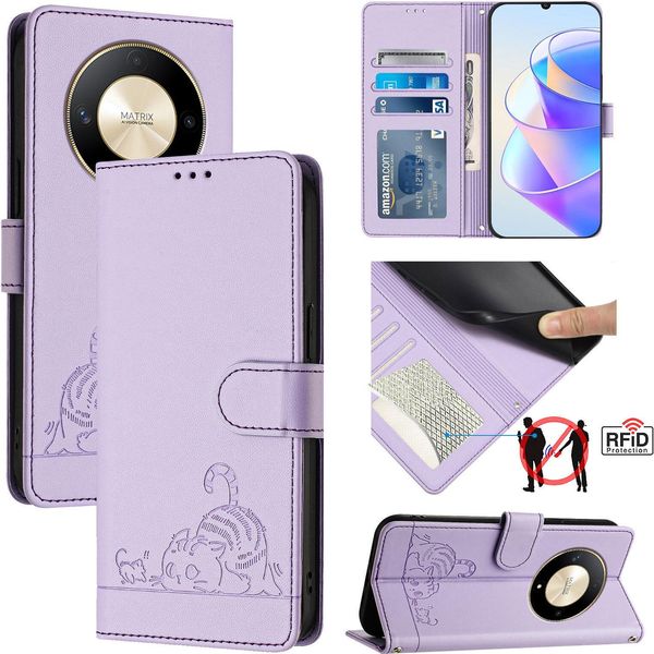 Custodia In Pelle Per Honor X9B / Magic6 Lite, Dolce Gatto Custodia Flip Con Funzione Stand E Portafoglio Viola-image
