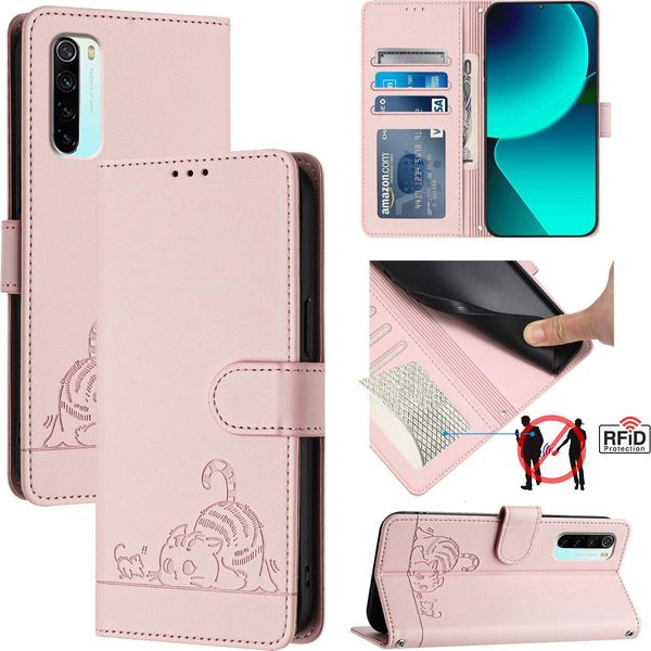 Custodia In Pelle Per Xiaomi Redmi Note 8, Dolce Gatto Custodia Flip Con Funzione Stand E Portafoglio Rosa-image
