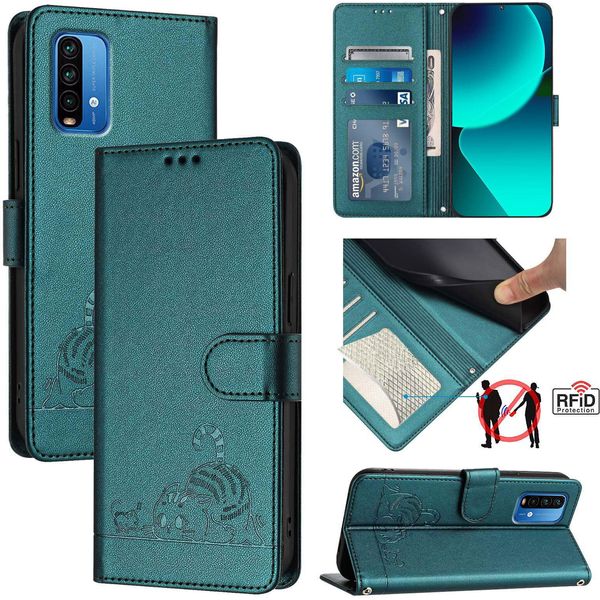 Custodia In Pelle Per Xiaomi Redmi Note 9 4G, Dolce Gatto Custodia Flip Con Funzione Stand E Portafoglio Verde-image