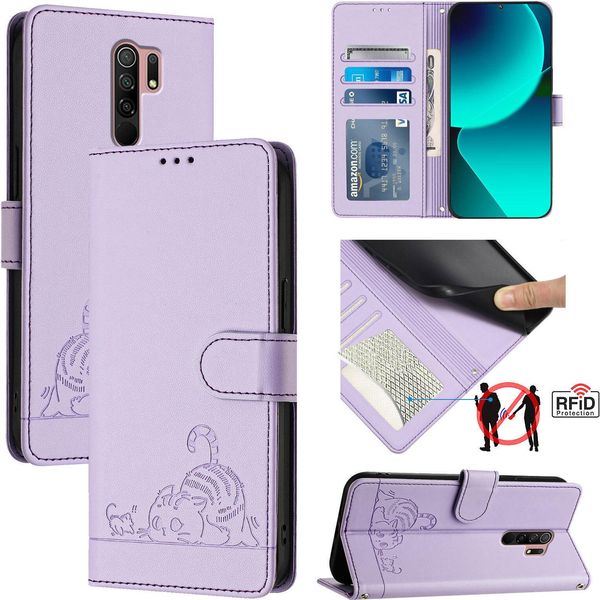 Custodia In Pelle Per Xiaomi Redmi 9, Dolce Gatto Custodia Flip Con Funzione Stand E Portafoglio Viola-image