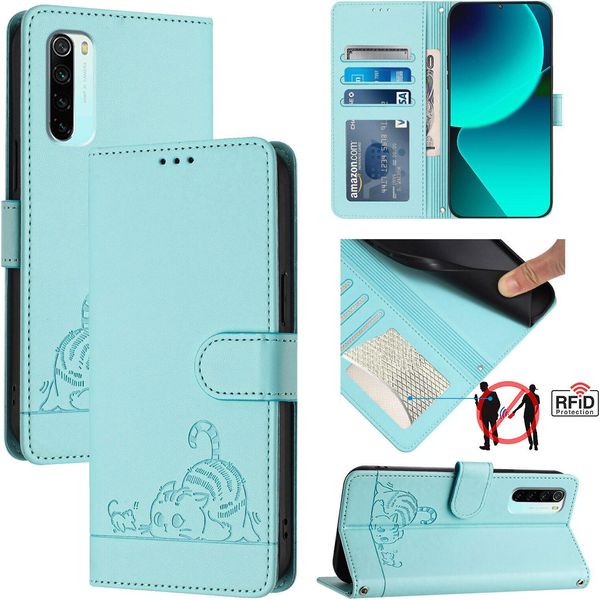 Custodia In Pelle Per Xiaomi Redmi Note 8, Dolce Gatto Custodia Flip Con Funzione Stand E Portafoglio Verde Chiaro-image