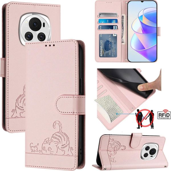Custodia In Pelle Per Honor Magic6, Dolce Gatto Custodia Flip Con Funzione Stand E Portafoglio Rosa-image