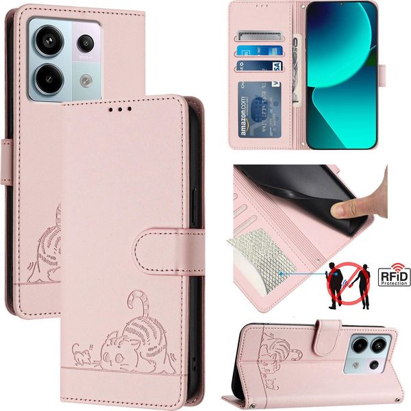 Custodia In Pelle Per Xiaomi Poco X6/Redmi Note 13 Pro 5G, Dolce Gatto Flip Case Con Funzione Stand E Portafoglio Rosa-image