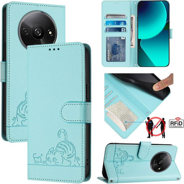 Custodia In Pelle Per Xiaomi Poco C61 /Redmi A3, Dolce Gatto Flip Caso Con Funzione Di Stand E Portafoglio Verde Chiaro-image