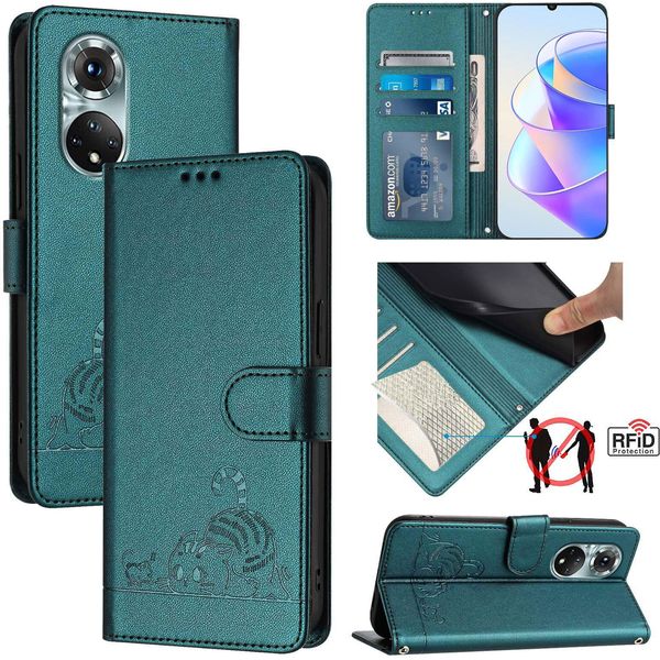 Custodia In Pelle Per Huawei Nova 9/Honor 50, Dolce Gatto Custodia Flip Con Funzione Stand E Portafoglio Verde-image
