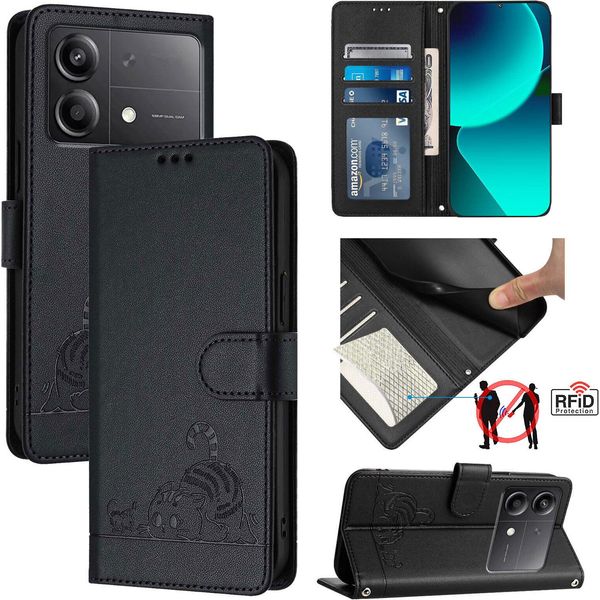 Custodia In Pelle Per Xiaomi Poco X6 Neo, Dolce Gatto Custodia Flip Con Funzione Stand E Portafoglio Nero-image