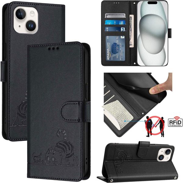 Custodia In Pelle Per Iphone 15, Dolce Gatto Custodia Flip Con Funzione Stand E Portafoglio Nero-image