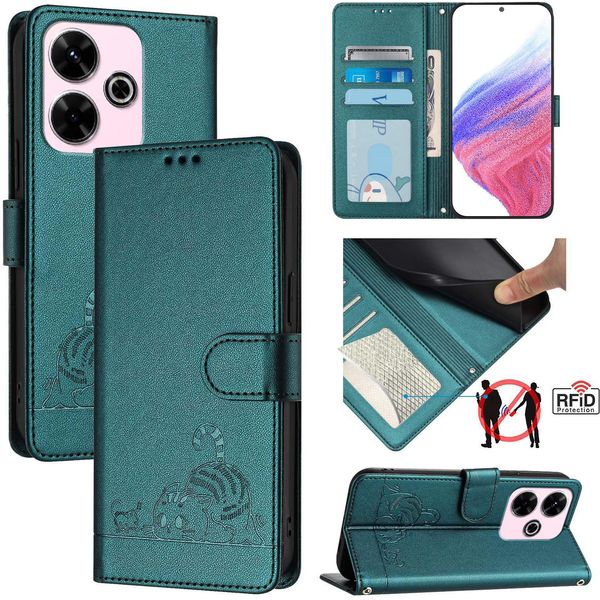 Custodia In Pelle Per Xiaomi Redmi 13 / Note 13R, Dolce Gatto Flip Case Con Funzione Stand E Portafoglio Verde-image