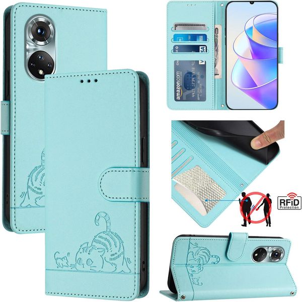 Custodia In Pelle Per Huawei Nova 9 Pro/Honor 50 Pro, Dolce Gatto Custodia Flip Con Funzione Stand E Portafoglio Verde Chiaro-image