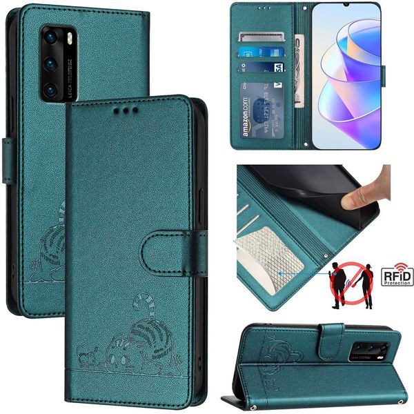Custodia In Pelle Per Huawei P40, Dolce Gatto Custodia Flip Con Funzione Stand E Portafoglio Verde-image