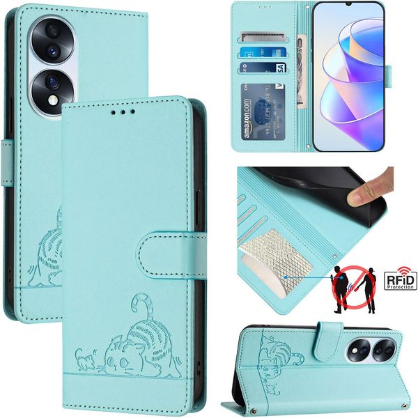 Custodia In Pelle Per Honor 70, Dolce Gatto Custodia Flip Con Funzione Stand E Portafoglio Verde Chiaro-image