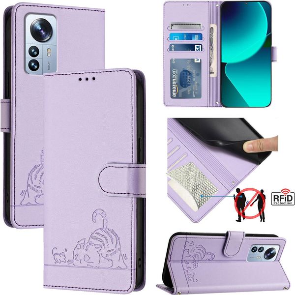 Custodia In Pelle Per Xiaomi 12 Pro/Xiaomi 12S Pro, Dolce Gatto Custodia Flip Con Funzione Stand E Portafoglio Viola-image