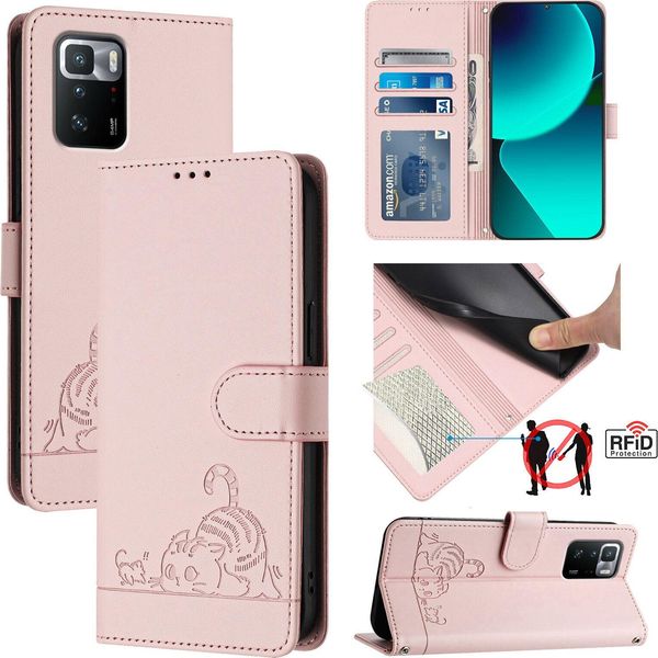 Custodia In Pelle Per Xiaomi Poco X3 Gt, Dolce Gatto Custodia Flip Con Funzione Stand E Portafoglio Rosa-image