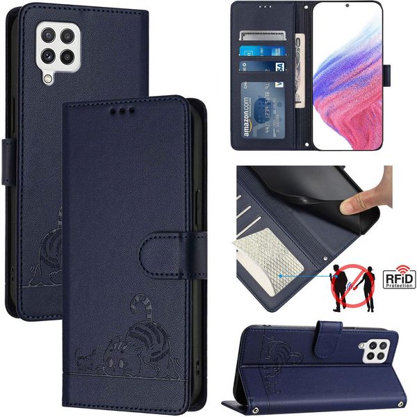 Custodia In Pelle Per Samsung Galaxy A22 4G, Dolce Gatto Custodia Flip Con Funzione Stand E Portafoglio Blu-image