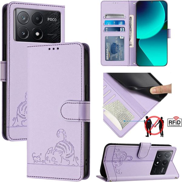 Custodia In Pelle Per Xiaomi Poco X6 Pro/Redmi K70E, Dolce Gatto Custodia Flip Con Funzione Stand E Portafoglio Viola-image