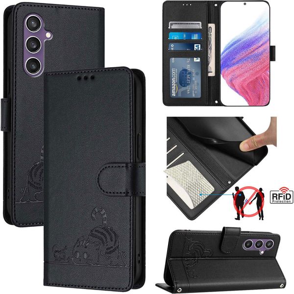 Custodia In Pelle Per Samsung Galaxy S23 Fe, Dolce Gatto Custodia Flip Con Funzione Stand E Portafoglio Nero-image