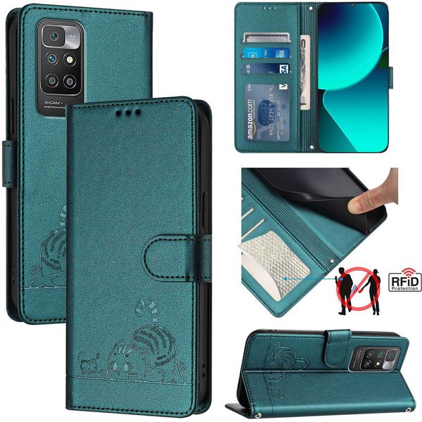 Custodia In Pelle Per Xiaomi Redmi 10, Dolce Gatto Custodia Flip Con Funzione Stand E Portafoglio Verde-image