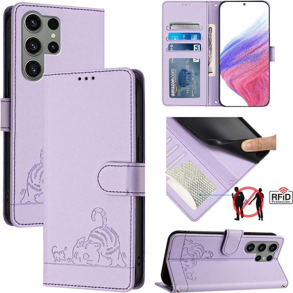 Custodia In Pelle Per Samsung Galaxy S23 Ultra, Dolce Gatto Custodia Flip Con Funzione Stand E Portafoglio Viola-image