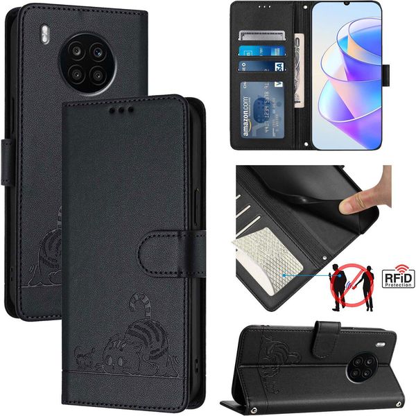 Custodia In Pelle Per Huawei Nova 8I/Honor 50 Lite, Dolce Gatto Custodia Flip Con Funzione Stand E Portafoglio Nero-image