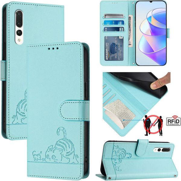 Custodia In Pelle Per Huawei P20 Pro, Dolce Gatto Custodia Flip Con Funzione Stand E Portafoglio Verde Chiaro-image