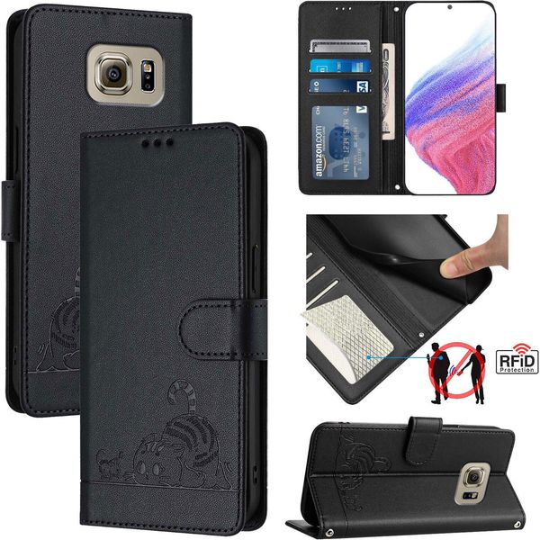 Custodia In Pelle Per Samsung Galaxy S6, Dolce Gatto Custodia Flip Con Funzione Stand E Portafoglio Nero-image