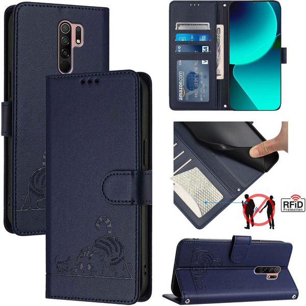 Custodia In Pelle Per Xiaomi Redmi 9, Dolce Gatto Custodia Flip Con Funzione Stand E Portafoglio Blu-image