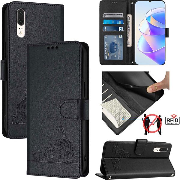 Custodia In Pelle Per Huawei P20, Dolce Gatto Custodia Flip Con Funzione Stand E Portafoglio Nero-image