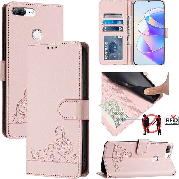 Custodia In Pelle Per Honor 9 Lite, Dolce Gatto Custodia Flip Con Funzione Stand E Portafoglio Rosa-image