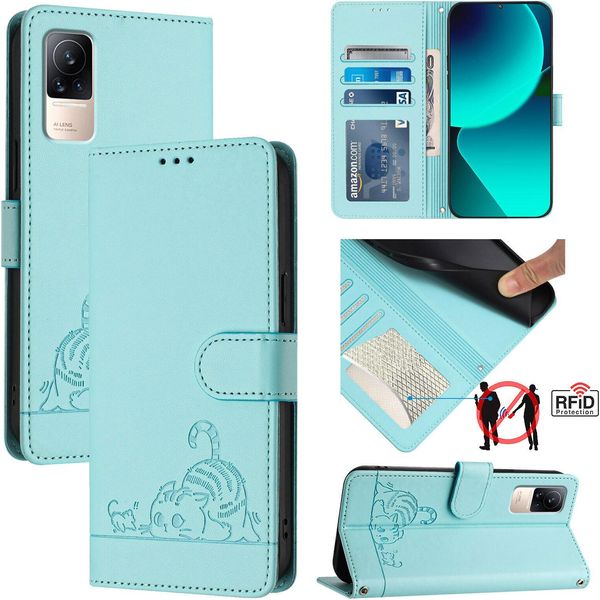 Custodia In Pelle Per Xiaomi Civi / Civi 1S, Dolce Gatto Flip Case Con Funzione Stand E Portafoglio Verde Chiaro-image