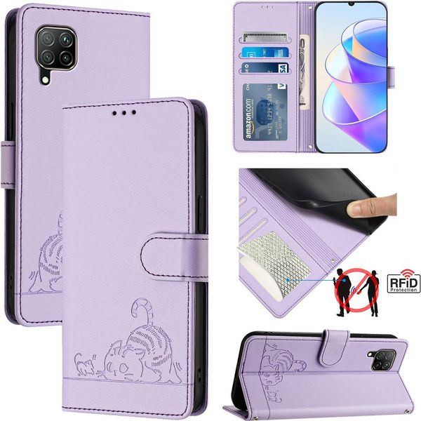 Custodia In Pelle Per Huawei P40 Lite 4G/Nova 6SE, Dolce Gatto Custodia Flip Con Funzione Stand E Portafoglio Viola-image