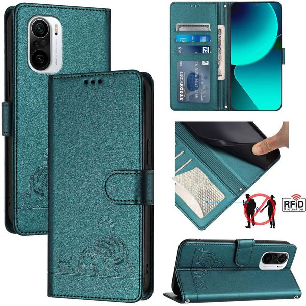 Custodia In Pelle Per Xiaomi Poco F3/Redmi K40 /K40 Pro/Mi 11I, Dolce Gatto Custodia Flip Con Funzione Stand E Portafoglio Verde-image
