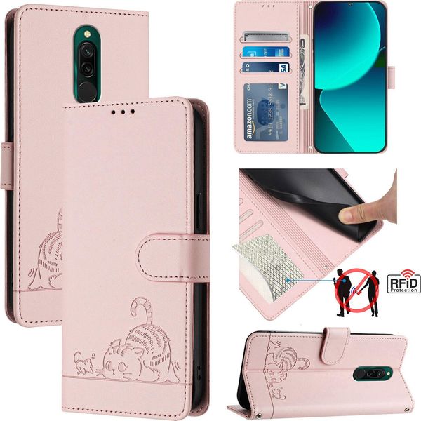 Custodia In Pelle Per Xiaomi Redmi 8, Dolce Gatto Custodia Flip Con Funzione Stand E Portafoglio Rosa-image