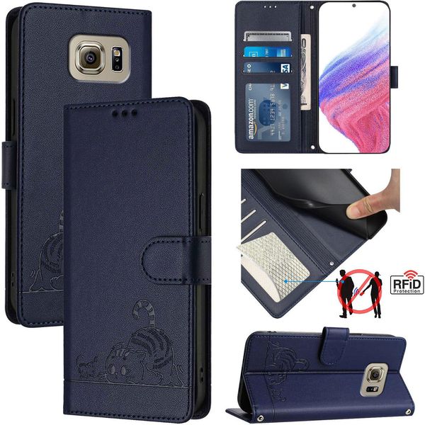 Custodia In Pelle Per Samsung Galaxy S6, Dolce Gatto Custodia Flip Con Funzione Stand E Portafoglio Blu-image