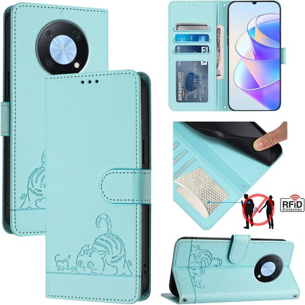 Custodia In Pelle Per Huawei Nova Y90, Dolce Gatto Custodia Flip Con Funzione Stand E Portafoglio Verde Chiaro-image