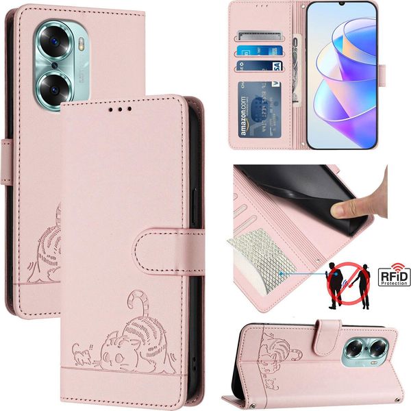 Custodia In Pelle Per Honor 60, Dolce Gatto Custodia Flip Con Funzione Stand E Portafoglio Rosa-image