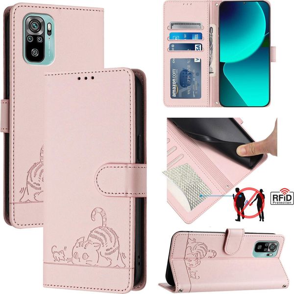 Custodia In Pelle Per Xiaomi Redmi Note 10S / Note 10 4G / Poco M5S, Dolce Gatto Custodia Flip Con Funzione Di Stand E Portafoglio Rosa-image
