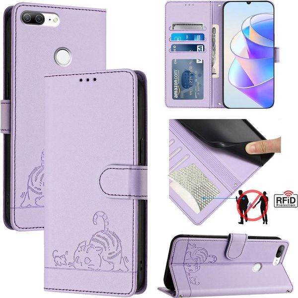 Custodia In Pelle Per Honor 9 Lite, Dolce Gatto Custodia Flip Con Funzione Stand E Portafoglio Viola-image