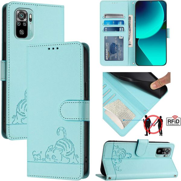 Custodia In Pelle Per Xiaomi Redmi Note 10S / Note 10 4G/Poco M5S, Dolce Gatto Flip Case Con Funzione Stand E Portafoglio Verde Chiaro-image