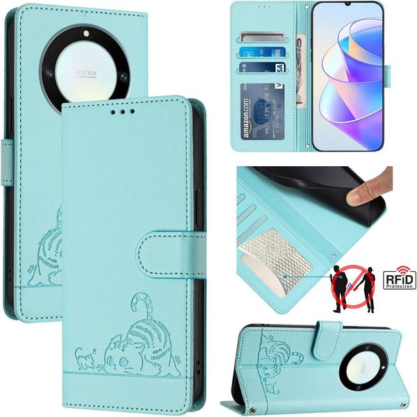Custodia In Pelle Per Honor X9A / Magic5 Lite, Dolce Gatto Custodia Flip Con Funzione Stand E Portafoglio Verde Chiaro-image