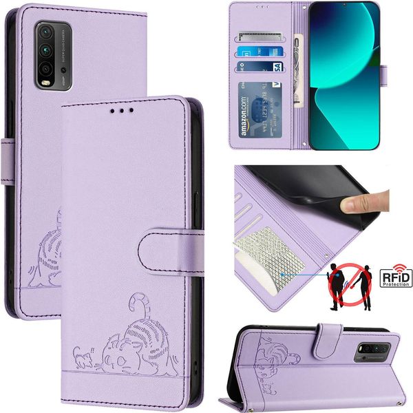 Custodia In Pelle Per Xiaomi Poco M3 /Redmi 9T, Dolce Gatto Custodia Flip Con Funzione Di Stand E Portafoglio Viola-image