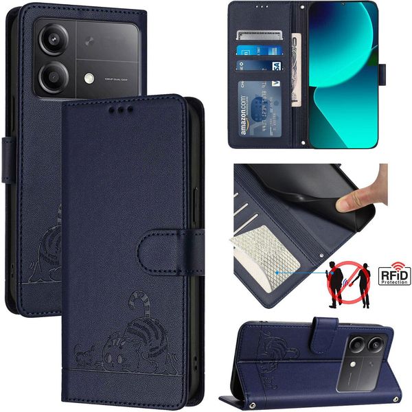 Custodia In Pelle Per Xiaomi Poco X6 Neo, Dolce Gatto Custodia Flip Con Funzione Stand E Portafoglio Blu-image