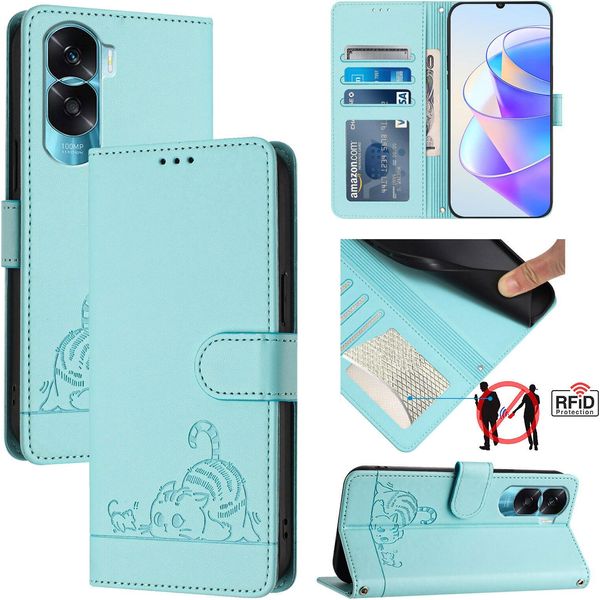 Custodia In Pelle Per Honor 90 Lite, Dolce Gatto Custodia Flip Con Funzione Stand E Portafoglio Verde Chiaro-image
