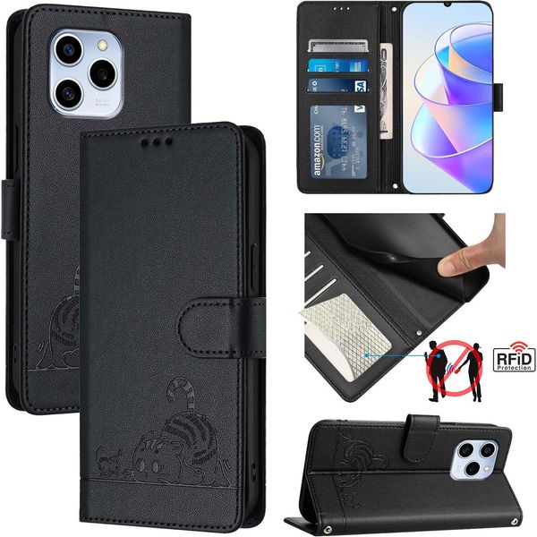 Custodia In Pelle Per Honor 60 Se, Dolce Gatto Custodia Flip Con Funzione Stand E Portafoglio Nero-image