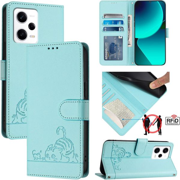 Custodia In Pelle Per Xiaomi Redmi Note 12 Pro+ 5G, Dolce Gatto Flip Case Con Funzione Stand E Portafoglio Verde Chiaro-image