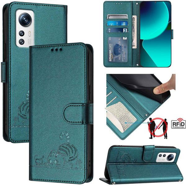 Custodia In Pelle Per Xiaomi 12/Xiaomi 12X/Xiaomi 12S, Dolce Gatto Custodia Flip Con Funzione Stand E Portafoglio Verde-image